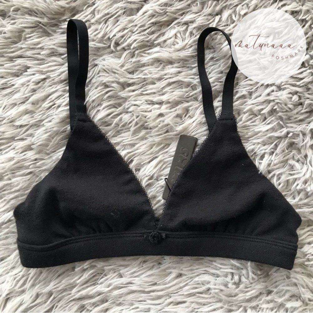 Skims Pointelle Logo Triangle Bralette in Soot XXS